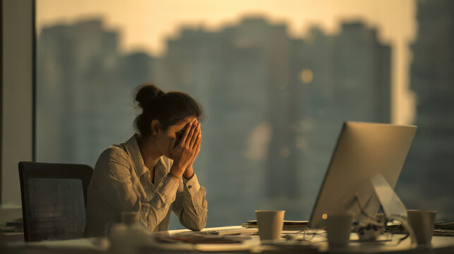 Tired woman sitting at office desk with hands on face feeling stressed and overwhelmed