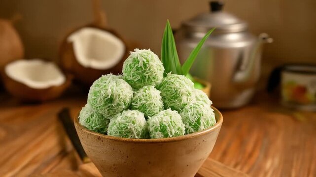 Close-Up of Traditional Klepon Rice Cake in Rustic Kitchen Setting