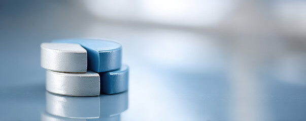 Stacked blue and silver pie chart segments on reflective surface showing business data concept