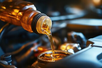 Golden motor oil pouring into car engine
