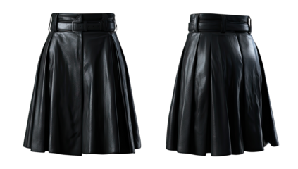 Black faux leather pleated skirt, front and back views