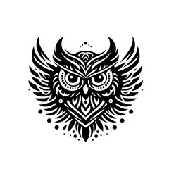 Intricate Black and White Stylized Owl with Elaborate Wings and Feather Details.