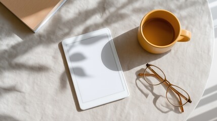 Tablet, coffee and eyeglasses on beige fabric