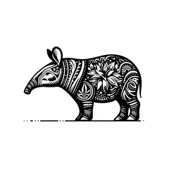 Intricate Black and White Tapir Illustration with Floral and Tribal Patterns.