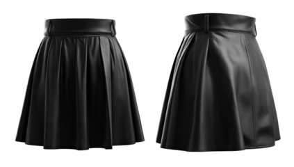 Black pleated leather-look mini skirt, front and back views