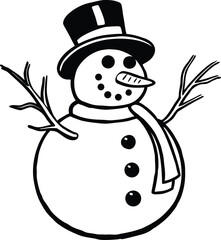 Snowman Line Art Vector Black And White Illustration