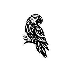 Intricate Black Silhouette of a Stylized Parrot Perched on a Branch.