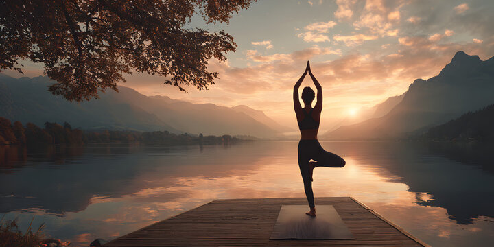Woman in yoga pose on wooden pier at sunrise with mountain lake