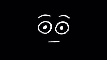 Simple white doodle illustration of a surprised or shocked face with wide open eyes, raised eyebrows, and a small straight mouth, drawn on a black background in a minimalist cartoon style - Powered by Adobe