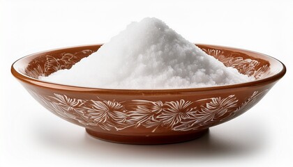white salt powder fills a decorative ceramic bowl isolated on white background
