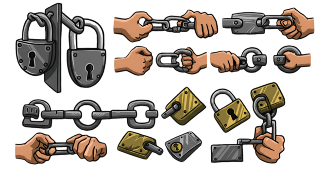 Isolated Illustration of Locks Chains and Hands Demonstrating Security Concepts