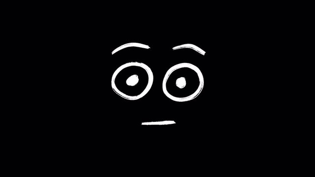 Simple white doodle illustration of a surprised or shocked face with wide open eyes, raised eyebrows, and a small straight mouth, drawn on a black background in a minimalist cartoon style - Powered by Adobe