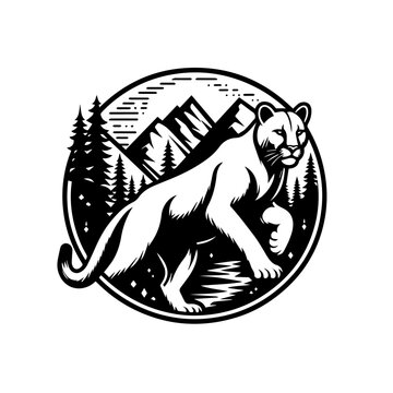 Majestic Cougar Striding Through a Stylized Mountain Forest Landscape.