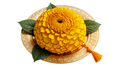 Vibrant Yellow Marigold Flower on Ornate Golden Plate