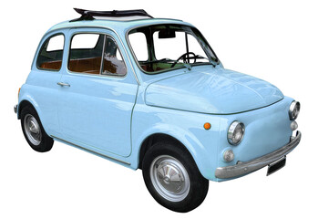 Old vintage blue microcar, isolated on transparent background.