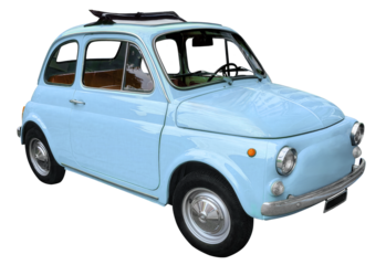 Old vintage blue microcar, isolated on transparent background.