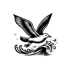 Majestic Seagull Soaring Above Crashing Waves in Dynamic Black and White.