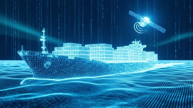 A futuristic digital wireframe cargo ship navigates the ocean waves, guided by a satellite, representing advanced logistics and technology