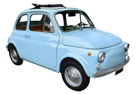 Old vintage blue microcar, isolated on transparent background.