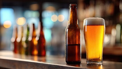 Amber beer bottle and glass on bar