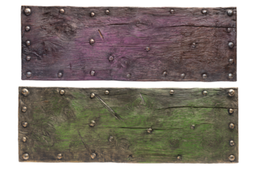 a couple of wooden signs with rivets on them