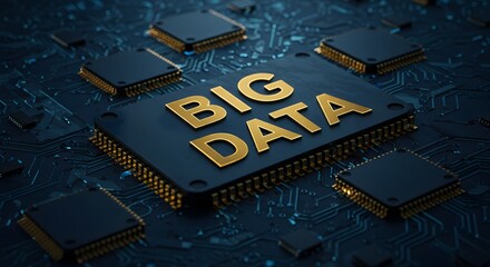 Advanced computer microchip with golden 'Big Data' text on a detailed electronic circuit board. High-tech concept.