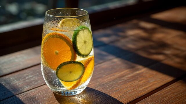 Sparkling Water with Orange and Lime Slices on Wooden Table in Sunlight Refreshing Glass of Sparkling Water with Citrus Slices