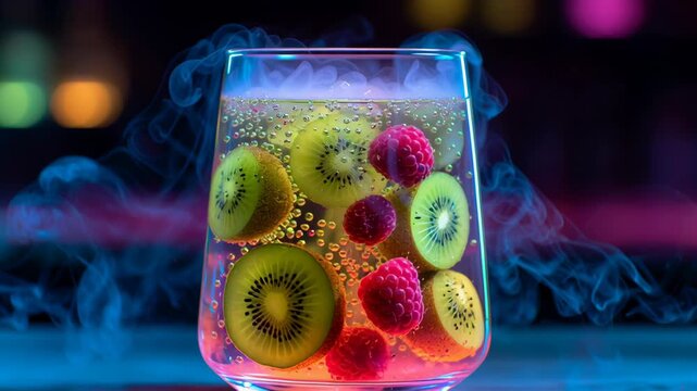 Neon Lit Glass of Molecular Fruit Fusion Drink with Kiwi and Raspberries Emitting Smoky Effect Vibrant Experience