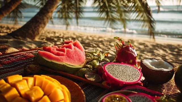 Vibrant Picnic Spread on Sandy Beach with Tropical Fruits Watermelon, Mango, and Dragon Fruit Under Palm Trees