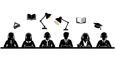 Illustration of a study group or customer service team with books and headsets