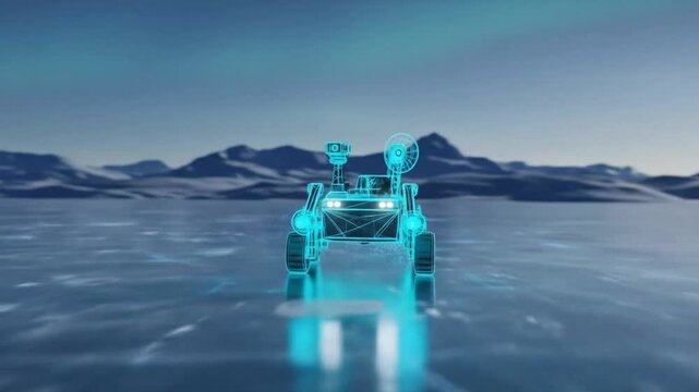 A futuristic blue wireframe rover explores an icy alien landscape under the aurora borealis