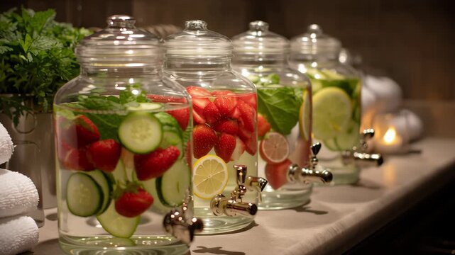 Refreshing Glass Dispensers with Water Infused with Cucumber, Strawberry, and Lemon for Delightful Display