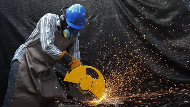 Construction worker using electric chop saw to cut metal with sparks flying, dressed in safety gear including helmet, gloves, gas mask and apron, performing intense fabrication in outdoor