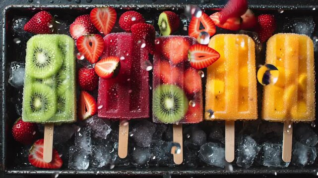 refreshing fruit ideas Colorful Homemade Popsicles with Fresh Fruit on Ice Kiwi,Strawberry, and Mango Treats for Refreshing and Vibrant Summer Delight