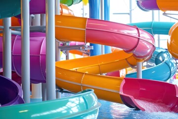 Colorful spiral water slide tunnel at park