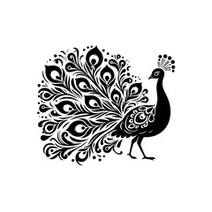 Ornate Black Silhouette Peacock with Elaborate Tail Feathers.