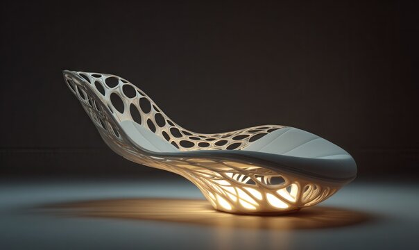 futuristic lounge chair made of flexible organic fibers, ergonomic design, smooth lighting 