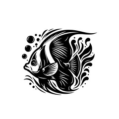 Stylized Black and White Angelfish with Bubbles and Flowing Water.