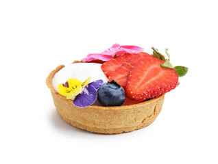 One sweet tartlet with berries and flowers isolated on white. Delicious dessert