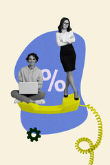 Obraz premium Poster zine trendy photo collage of happy business partners girls stand telephone handset gearwheel optimization surf laptop percent