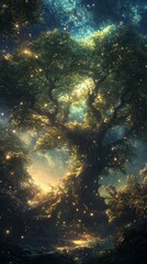 Obraz premium Enchanted Tree Glowing Under a Starry Night Sky