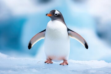 Confused penguin tilts head on blue backdrop