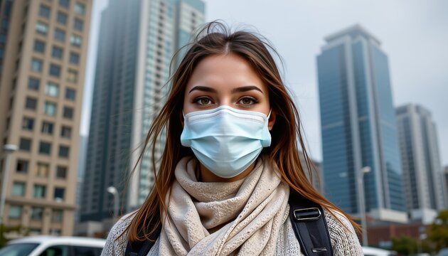Young woman in mask amid urban skyline lifestyle photography city environment capturing modern challenges