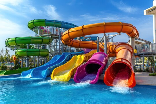 Colorful spiral water slide tunnel at park