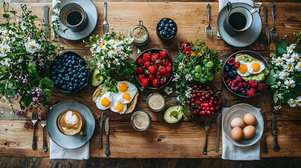 An overhead shot of a beautifully arranged rustic brunch spread on a wooden table, featuring plates with eggs, avocado, berries, toast, and coffee