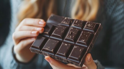 Woman holding dark chocolate bar