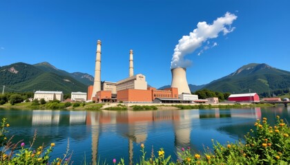 Large power generation plant with cooling towers mountain reflection industrial landscape clear blue sky panoramic view for clean energy