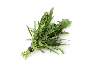 Bunch of fresh green arugula leaves isolated on white, top view