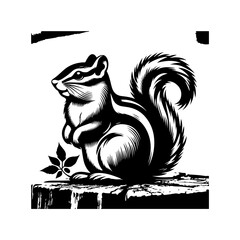 Stylized Black and White Chipmunk Perched on a Wooden Stump.