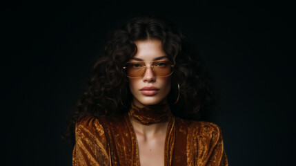 Retro 70s-style woman with extra long voluminous hair and vintage sunglasses retro fashion, vintage curls, throwback beauty, 70s aesthetic, disco vibe
